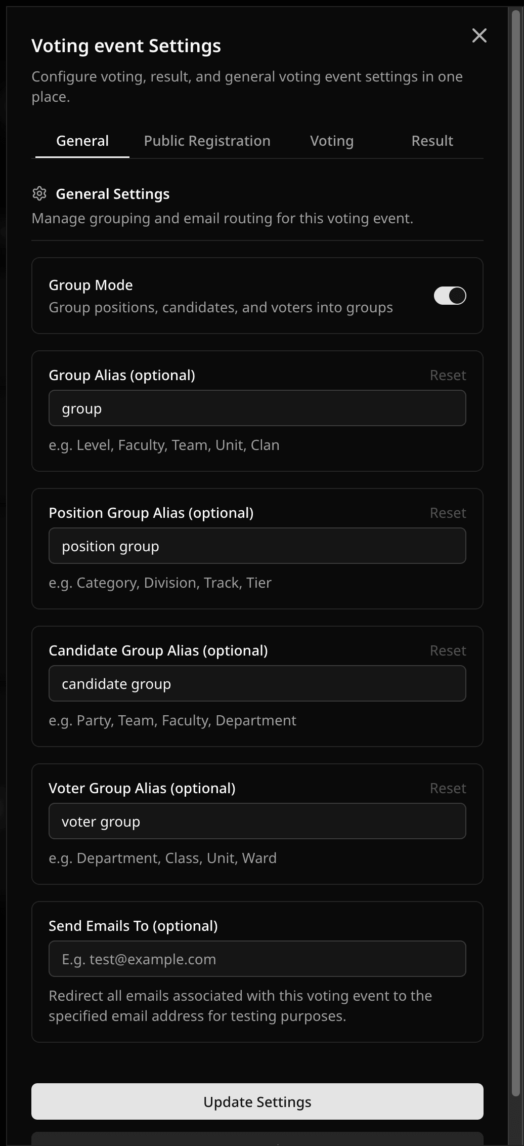 General settings tab in Voting Event Settings